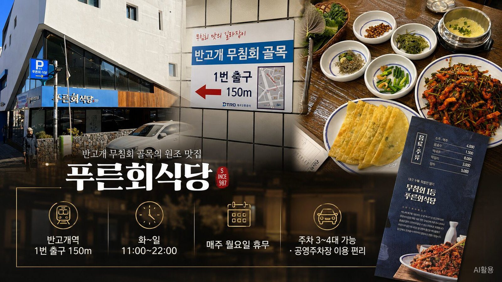 푸른회식당의 위치·주문·맛·이용 정보를 정리한 요약 카드