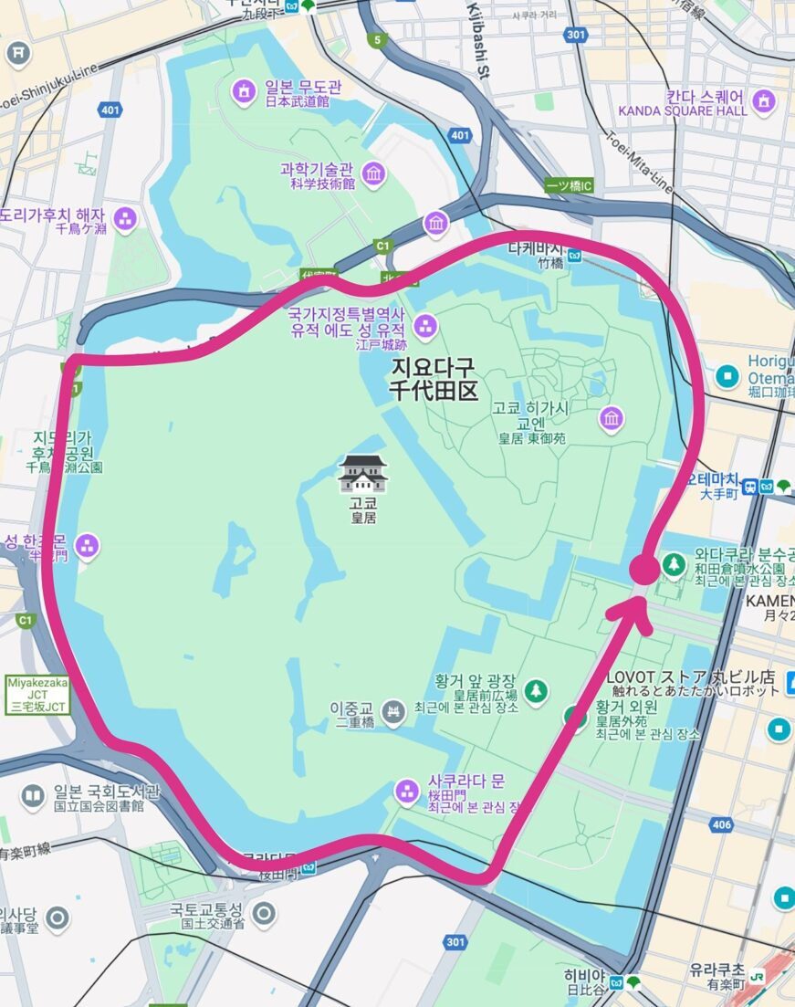 도쿄 황궁런 약 5km 순환 코스 지도
