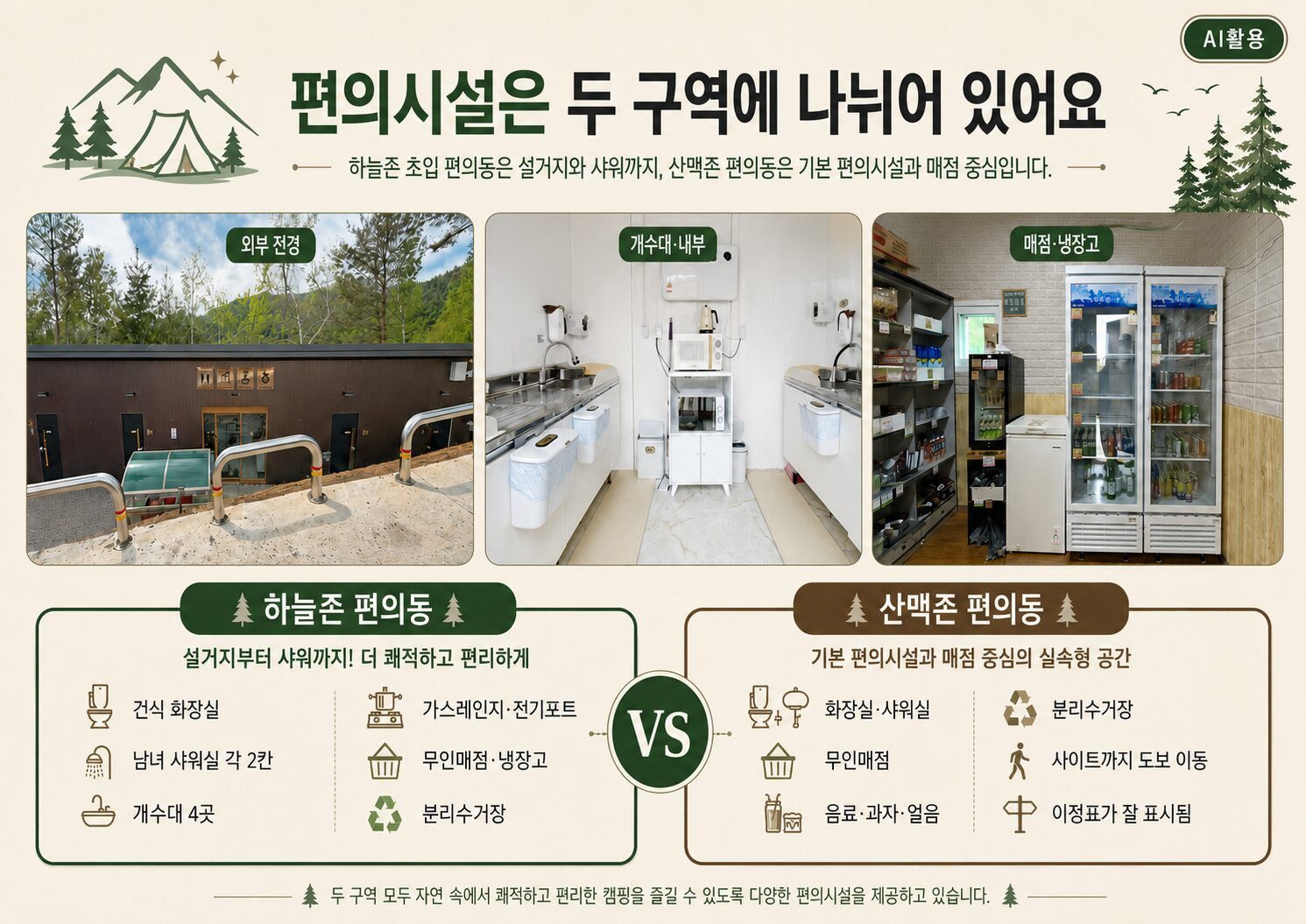 쉼오지캠프 전체 사이트 리뷰|하늘존·산맥존 명당자리 추천 하늘존 편의동과 산맥존 편의동의 화장실, 샤워실, 개수대, 매점과 분리수거장 구성을 비교한 인포그래픽