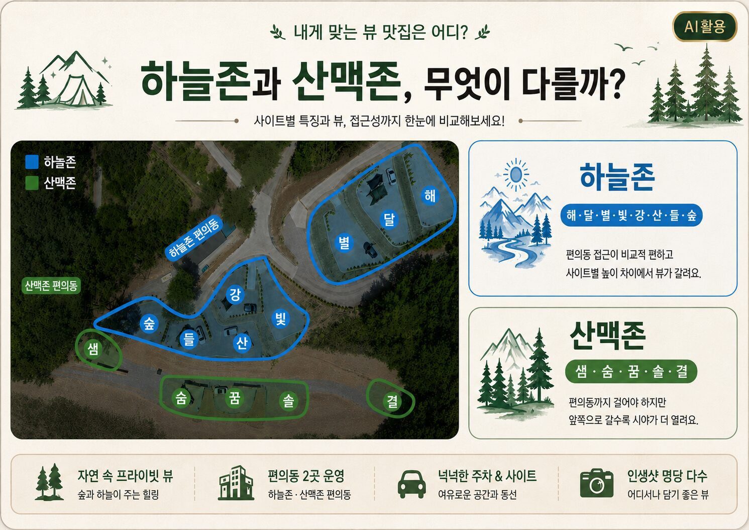 쉼오지캠프 전체 사이트 리뷰|하늘존·산맥존 명당자리 추천 쉼오지캠프 전체 배치도와 하늘존 8곳, 산맥존 5곳의 특징을 비교한 인포그래픽