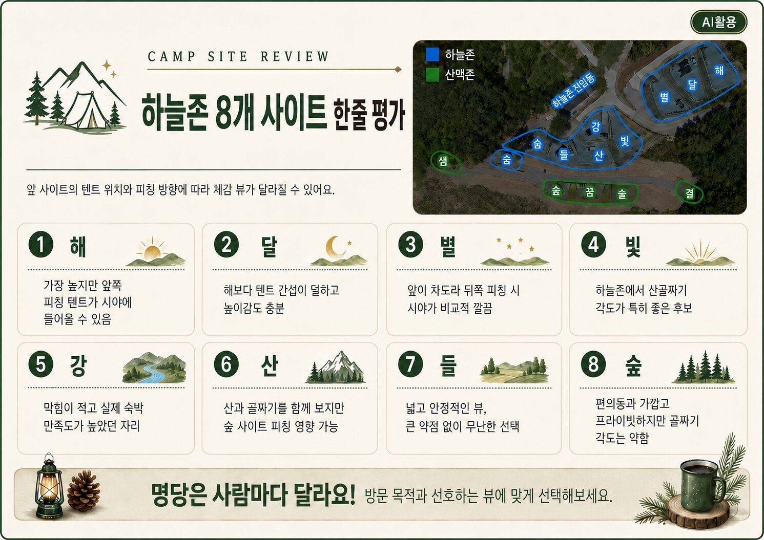 쉼오지캠프 전체 사이트 리뷰|하늘존·산맥존 명당자리 추천 하늘존 8개 사이트 평가