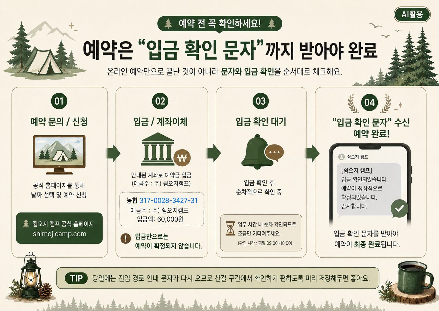 쉼오지캠프 전체 사이트 리뷰|하늘존·산맥존 명당자리 추천 공식 홈페이지 예약부터 안내 문자, 무통장 입금, 예약 완료 문자까지 4단계로 설명한 인포그래픽