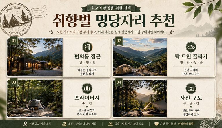 편의동 접근, 탁 트인 골짜기, 프라이버시, 사진 구도에 따라 별·빛·산·숨·솔·숲·결을 추천한 인포그래픽